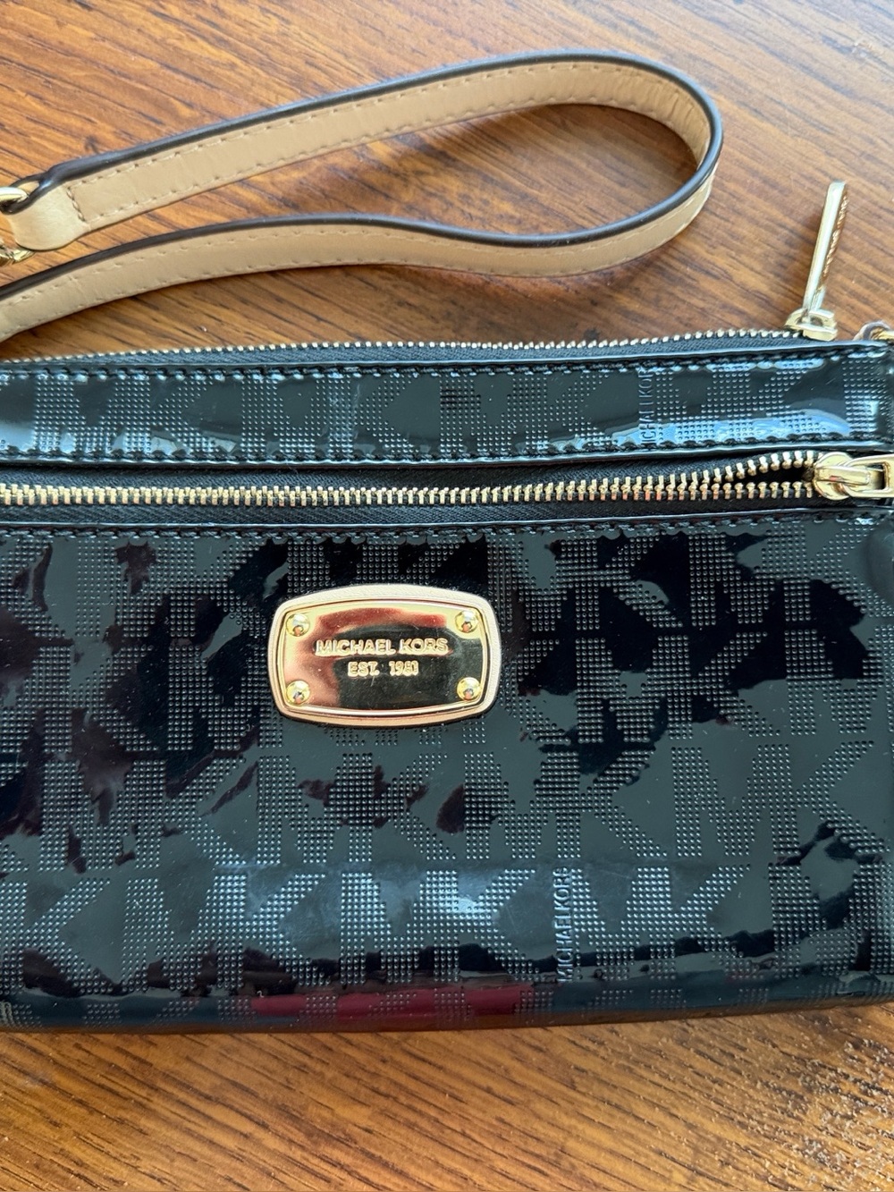 Michael Kors Black Patent Logo Wristlet with Tan Strap and Gold Hardware